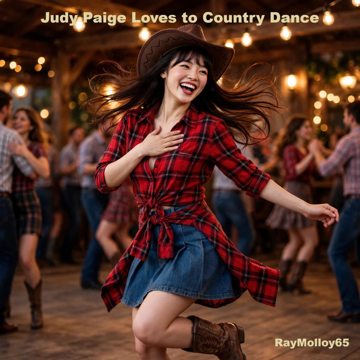 Pochette « Judy Paige Loves to Country Dance » — Judy Paige en pleine danse country joyeuse dans une grange aux guirlandes dorées