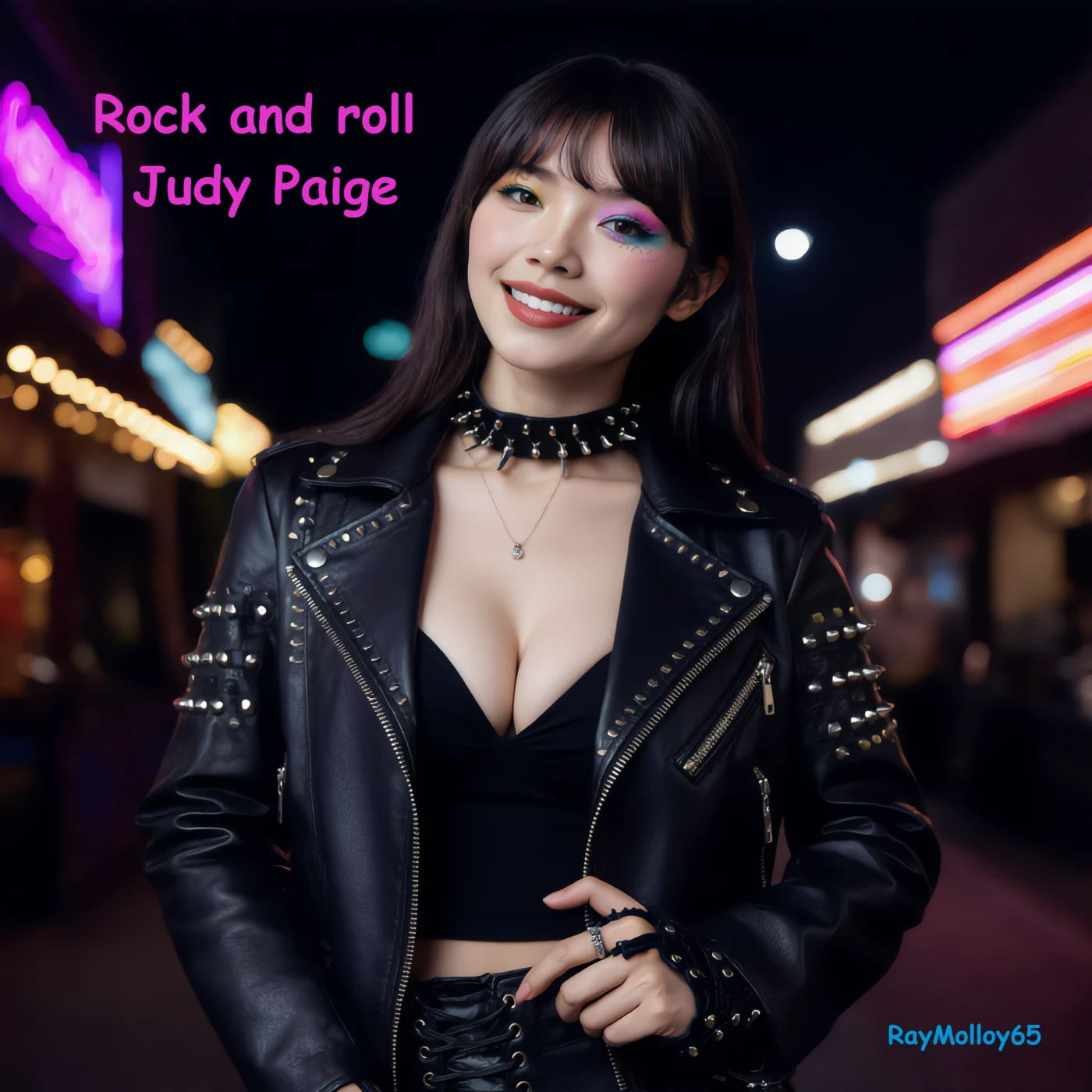 Pochette « Rock and Roll Judy Paige » — Judy Paige en cuir clouté sous les néons, titre en rose flamant, signature RayMolloy65