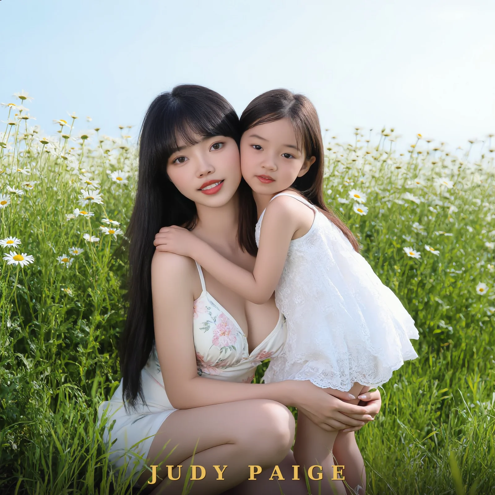 Affiche signée — Judy Paige et Rose joue contre joue dans un champ de marguerites, signée « JUDY PAIGE » en doré au bas