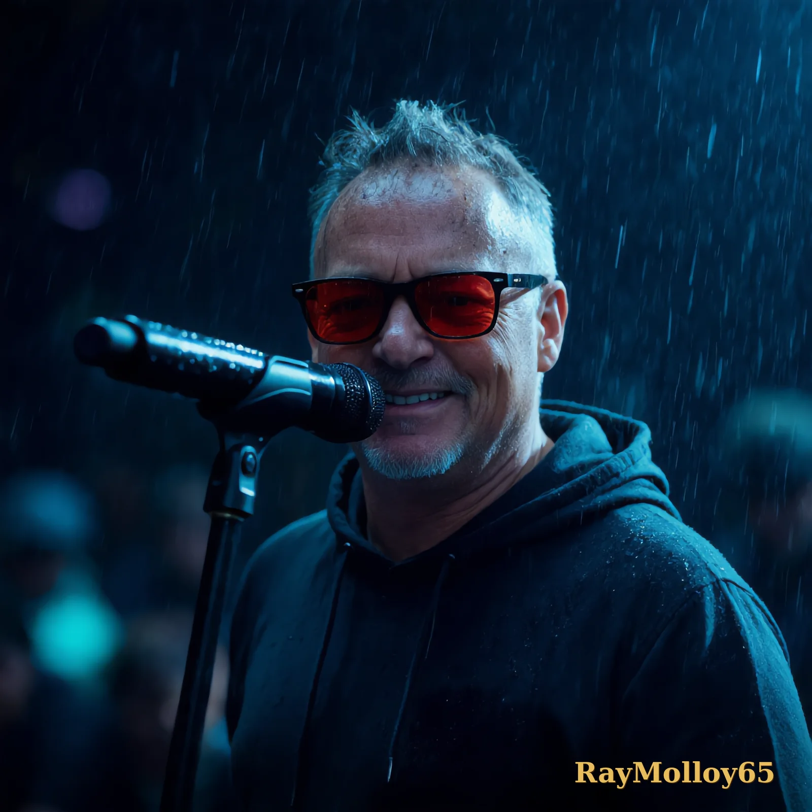 Affiche signée — RayMolloy65 au micro sous la pluie, les cheveux trempés et les lunettes rouges, signée « RayMolloy65 » en doré en bas à droite