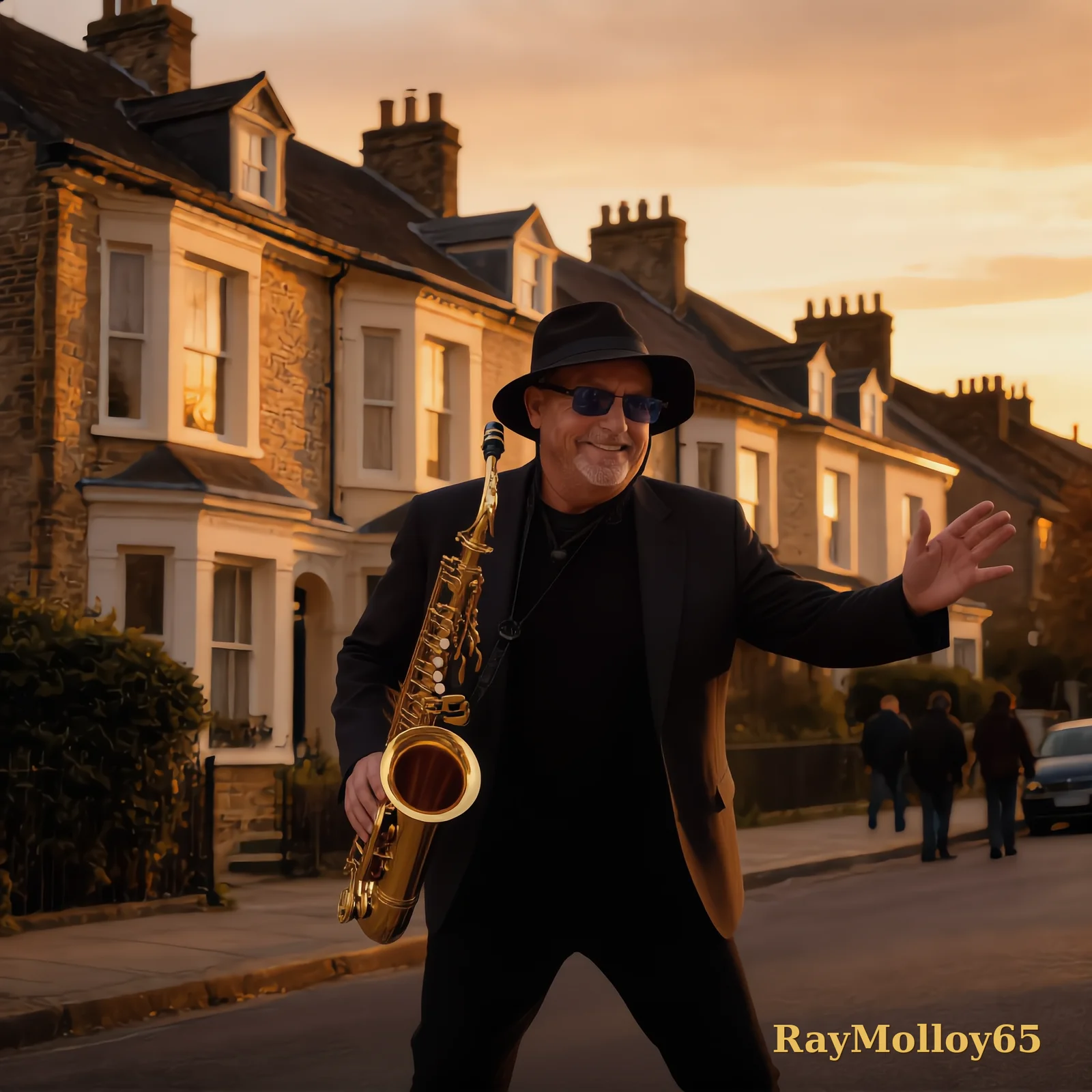 Affiche signée — RayMolloy65 au saxophone doré dans une rue dorée, chapeau sur la tête, signée « RayMolloy65 » en doré en bas à droite